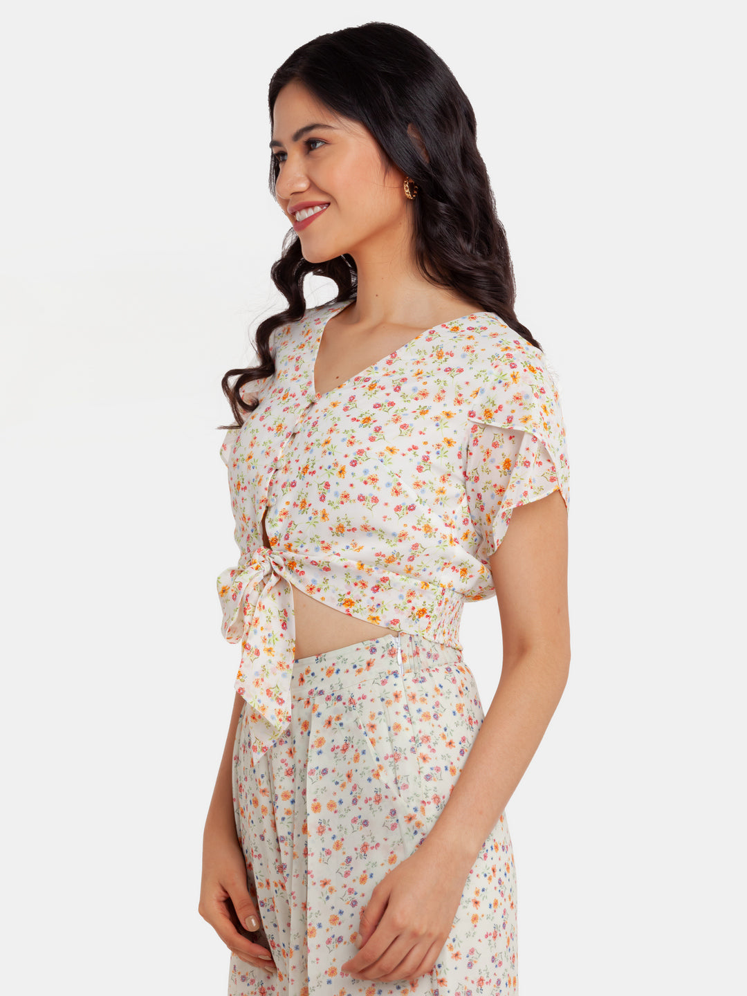 Off White Printed Tie-Up Top