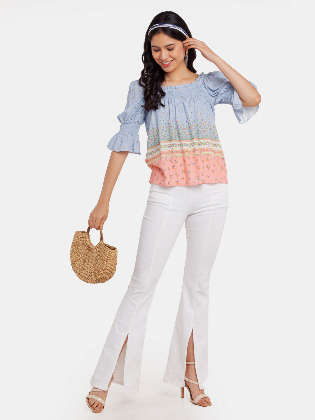 Blue Printed Puff Sleeve Top