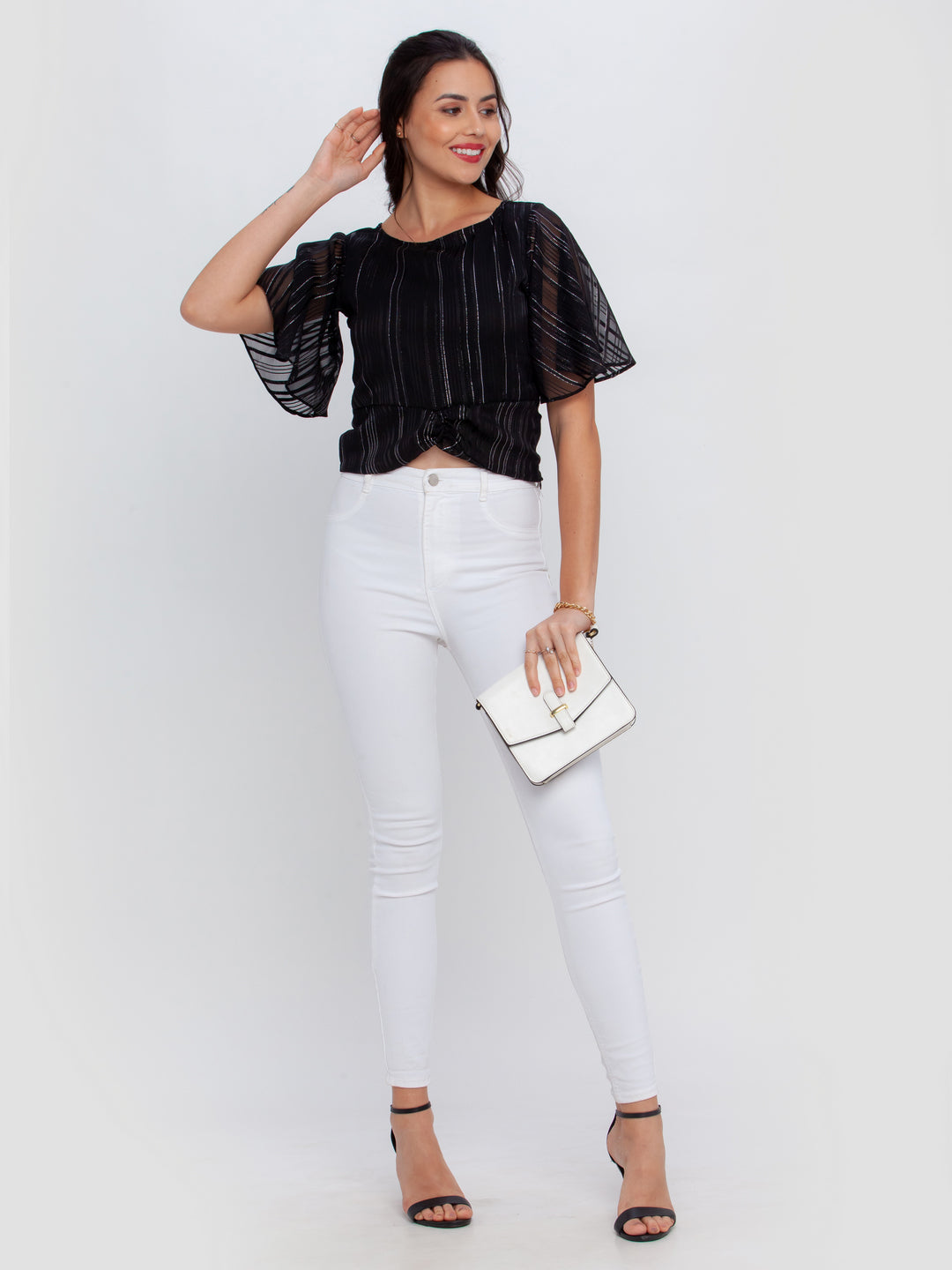 Black Striped Flared Sleeve Top