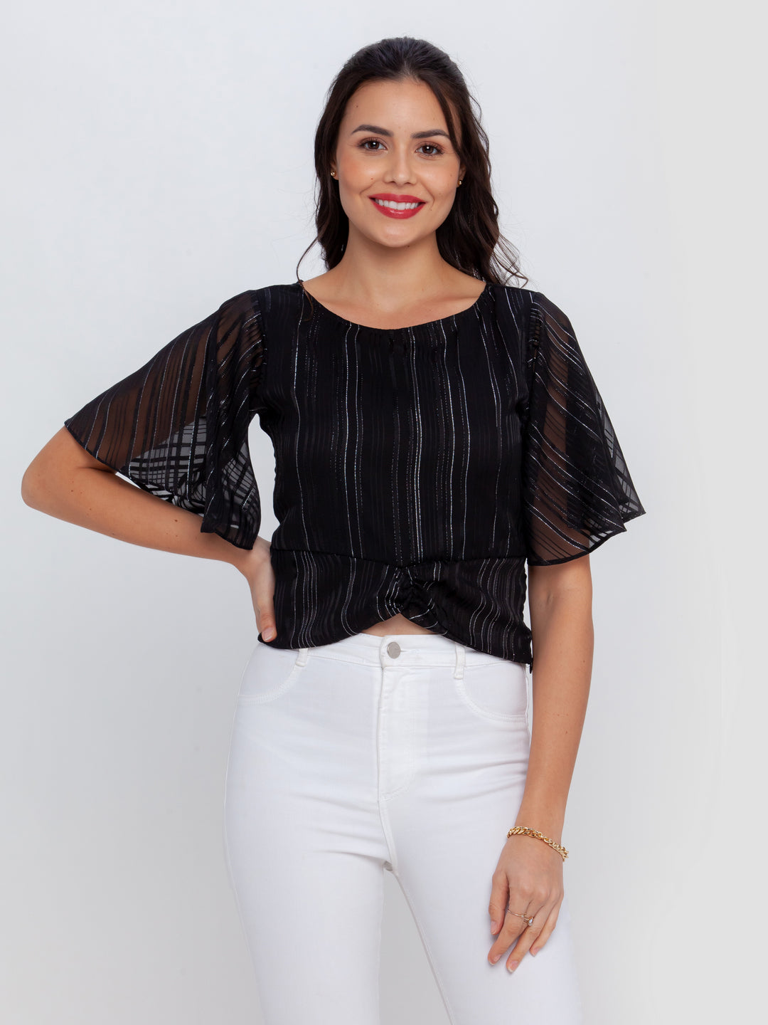 Black Striped Flared Sleeve Top