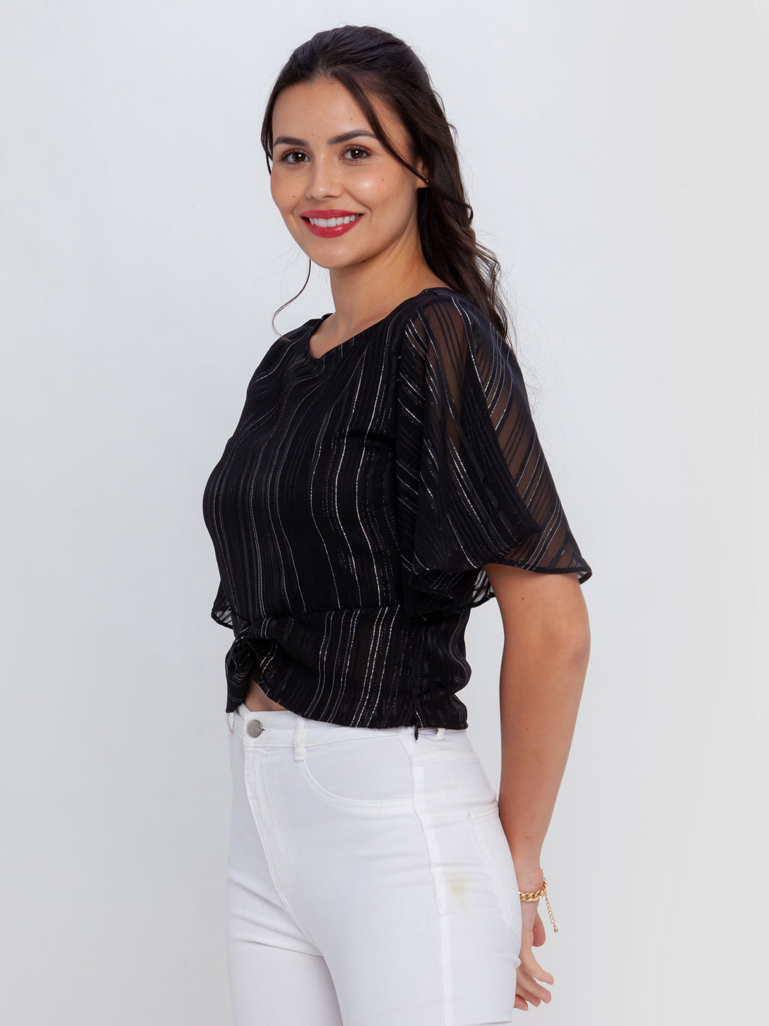 Black Striped Flared Sleeve Top