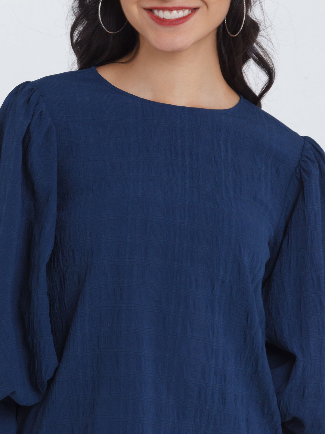 Navy Blue Puff Sleeve Top For Women