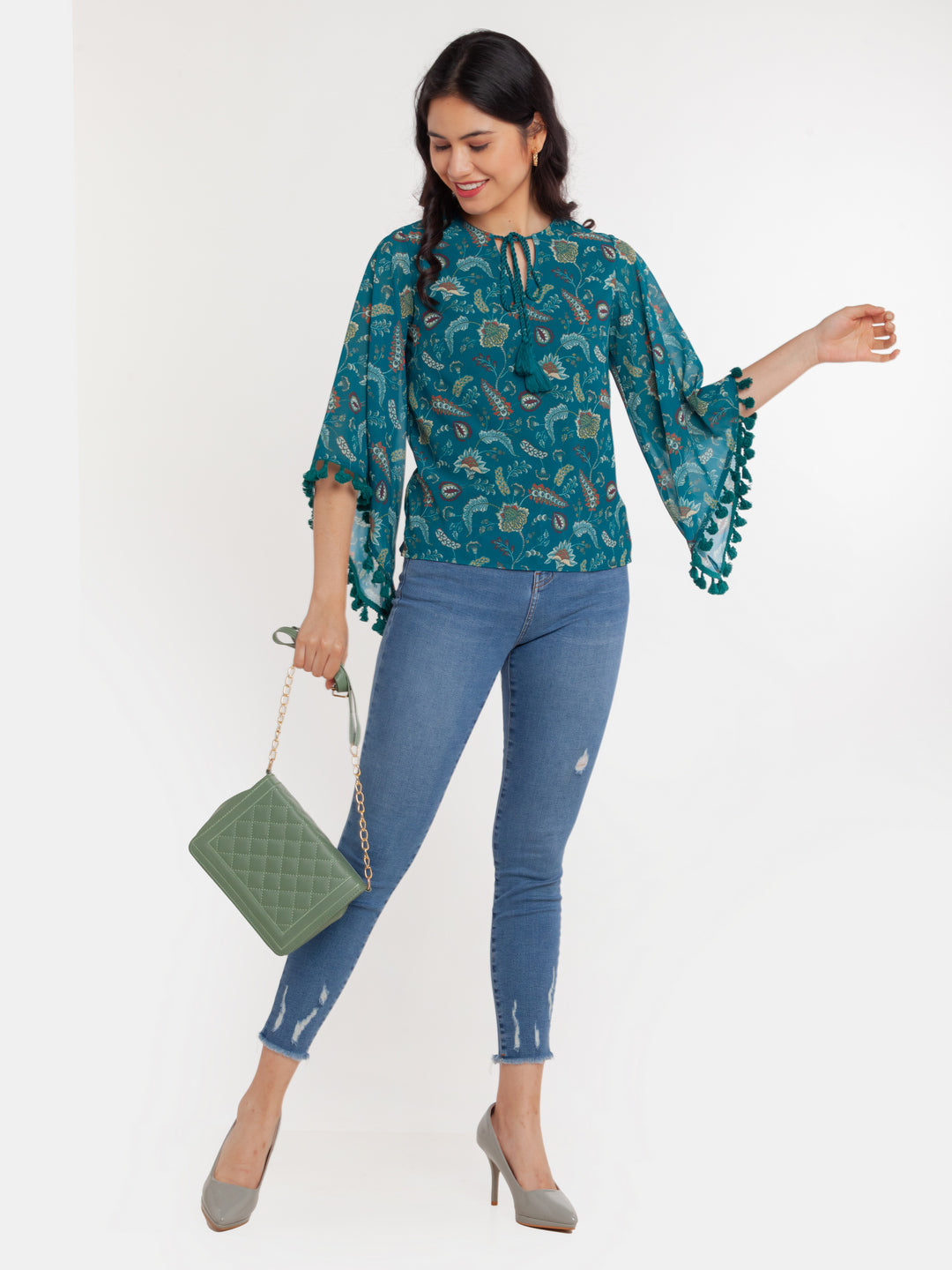 Green Printed Tie-Up Top