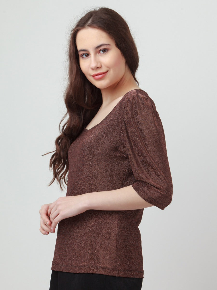 Brown Shimmer Puff Sleeve Top