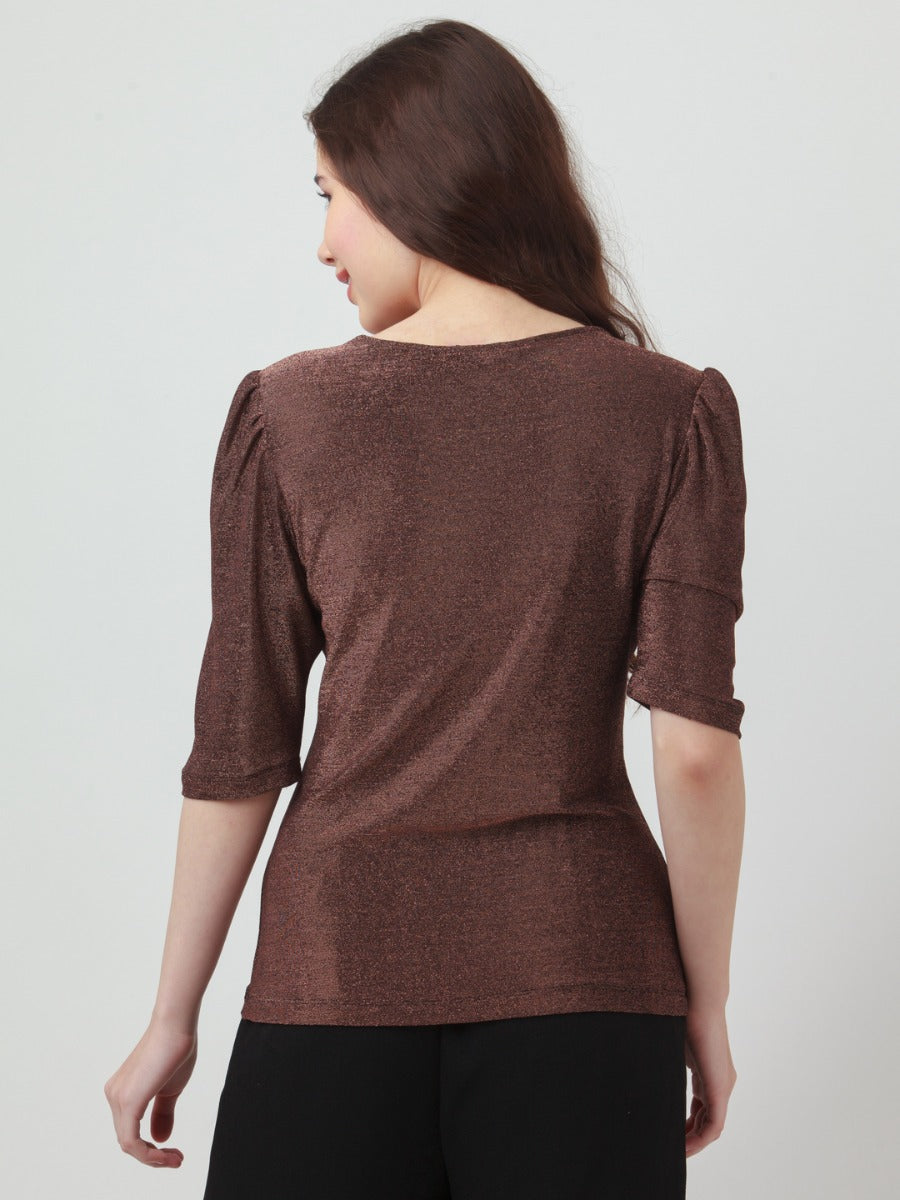 Brown Shimmer Puff Sleeve Top