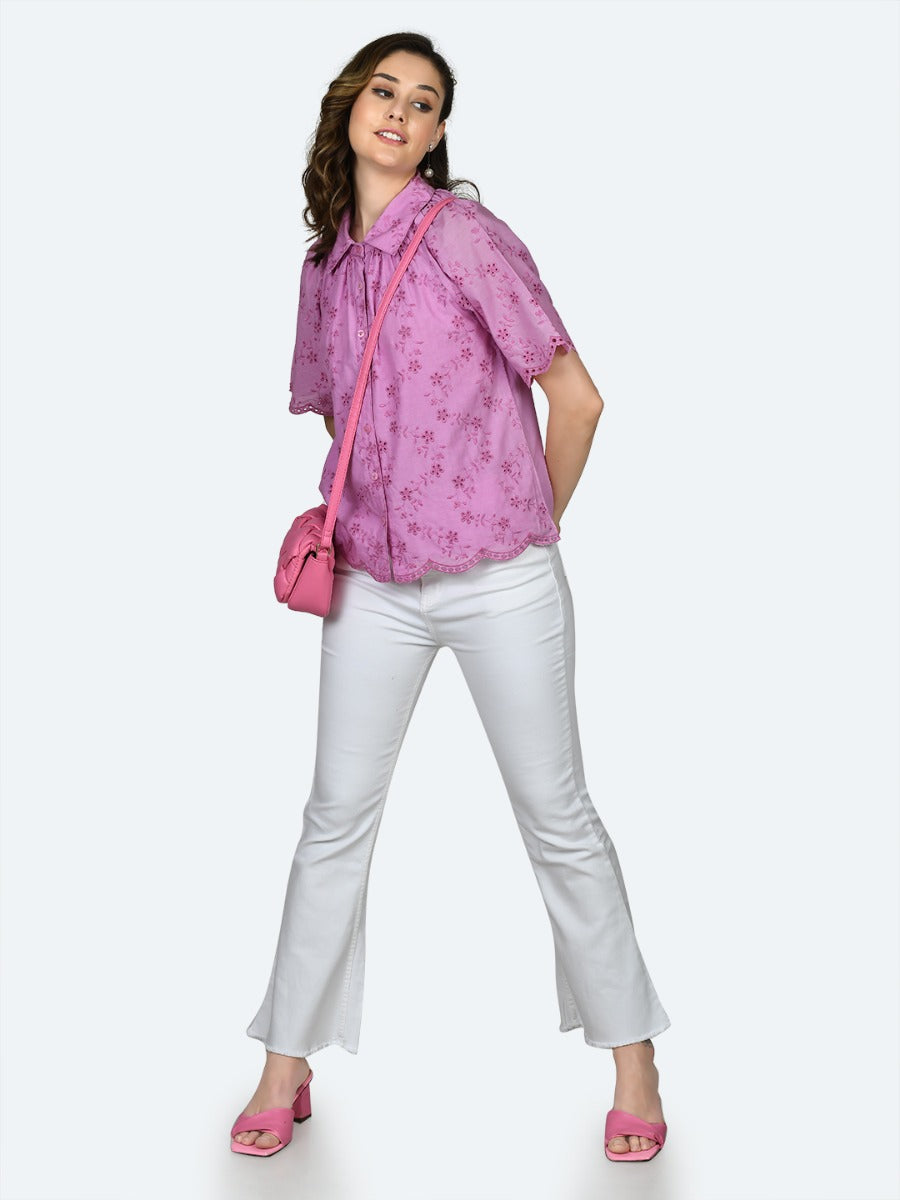 Pink Embroidered Regular Shirt