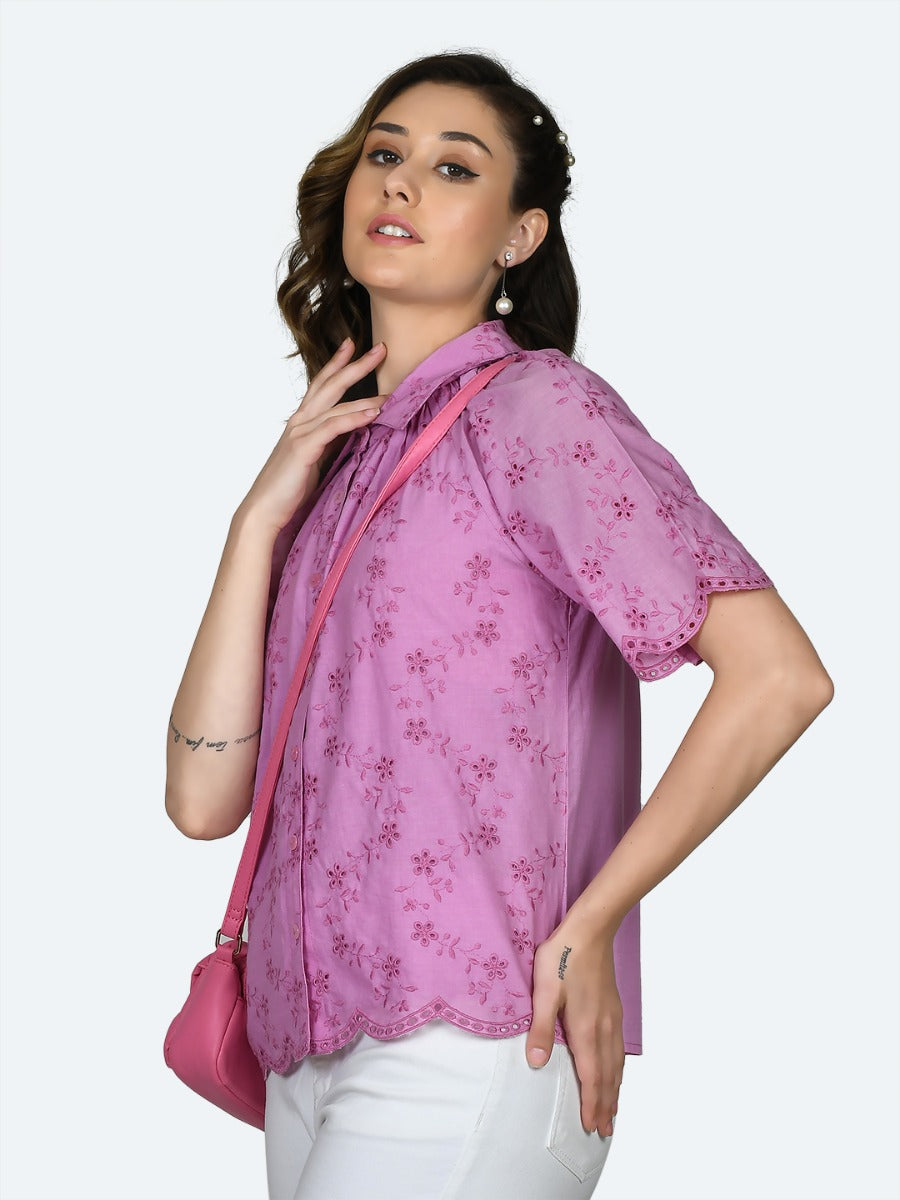 Pink Embroidered Regular Shirt