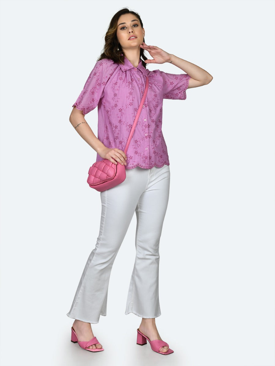 Pink Embroidered Regular Shirt