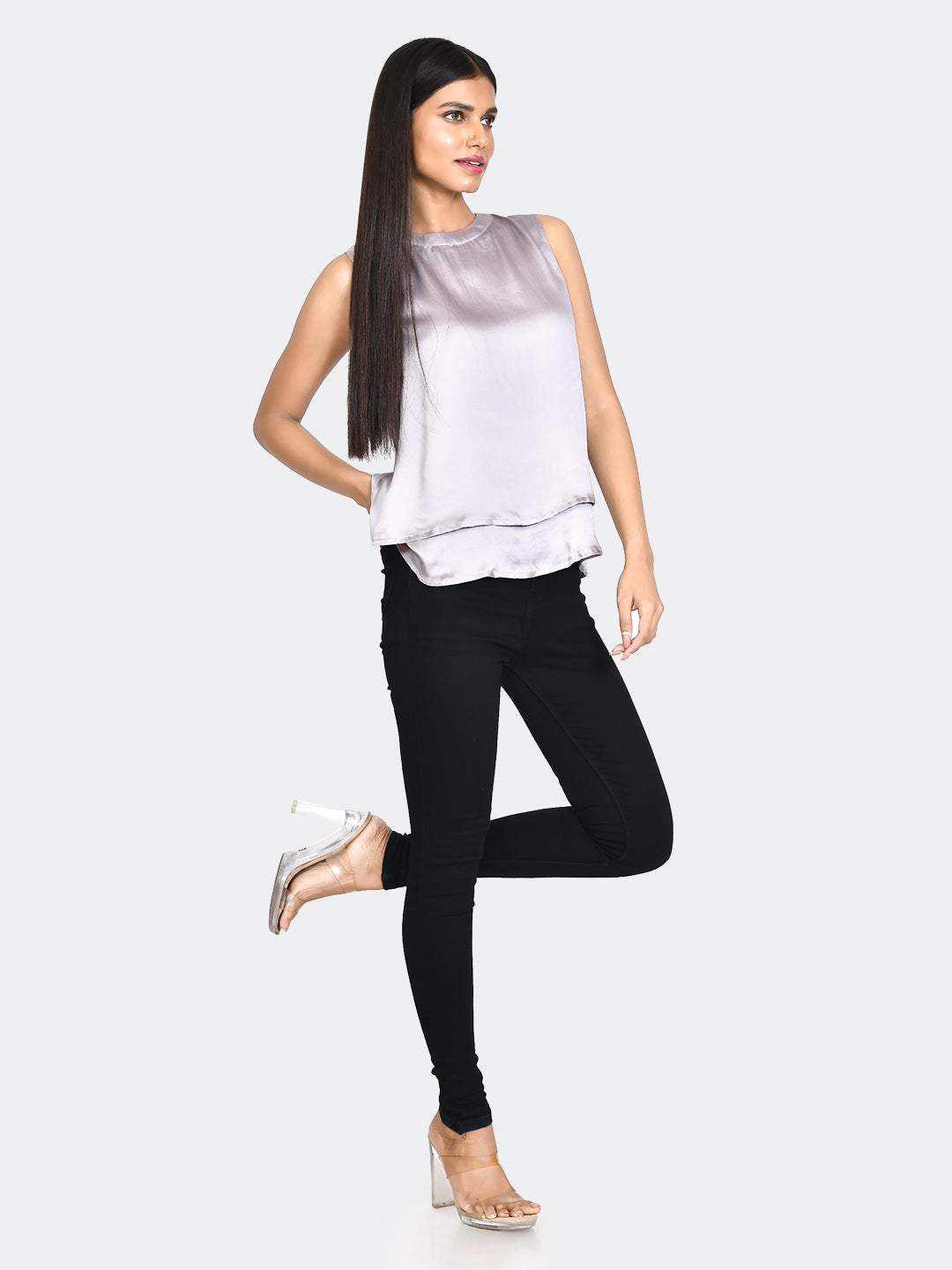 Grey Solid Layered Top For Women