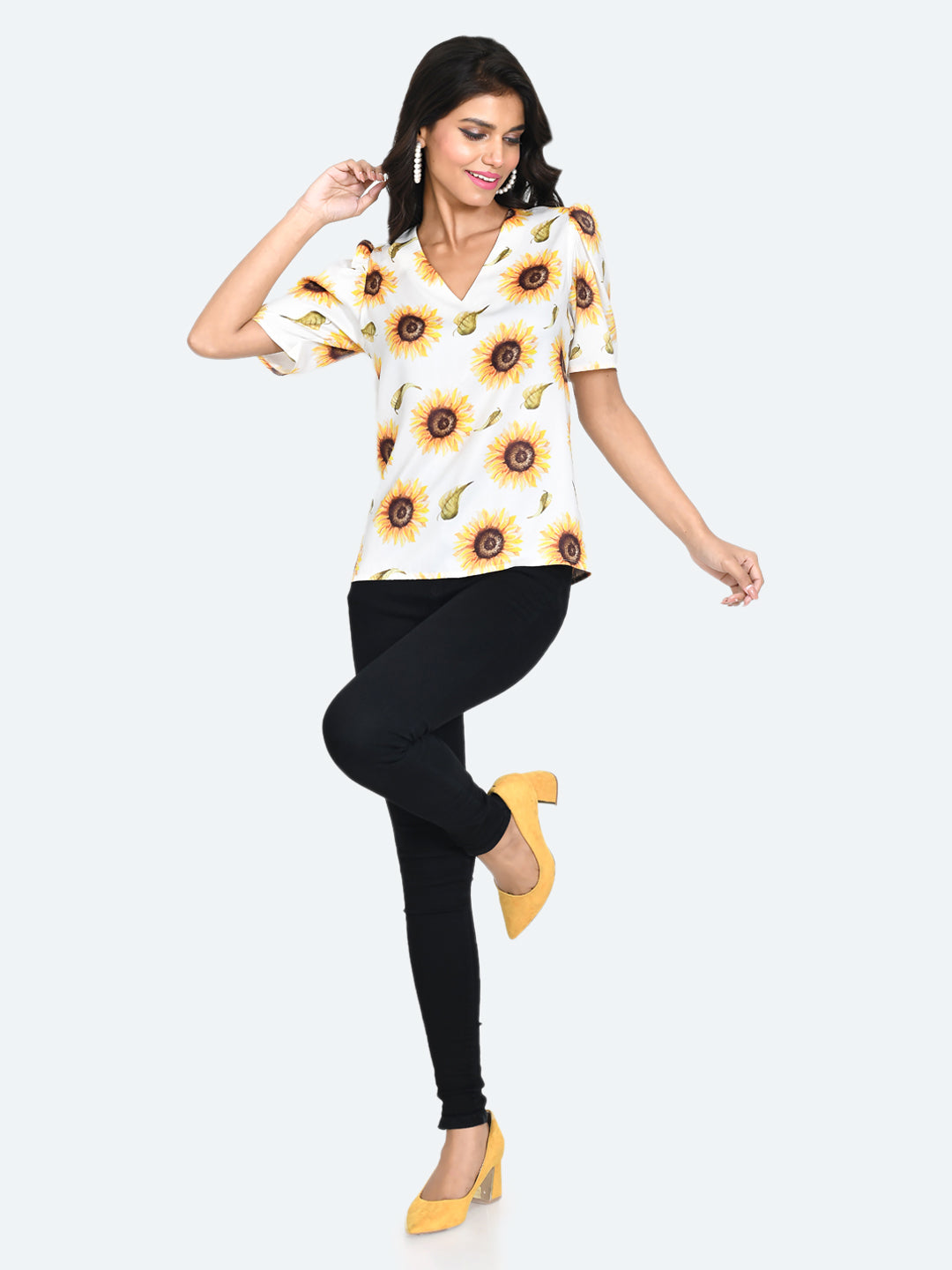 White Floral Print Top