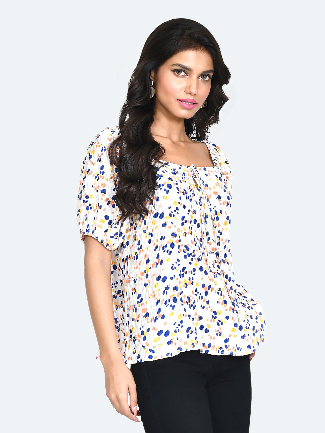 Off White Abstract Pleated Top