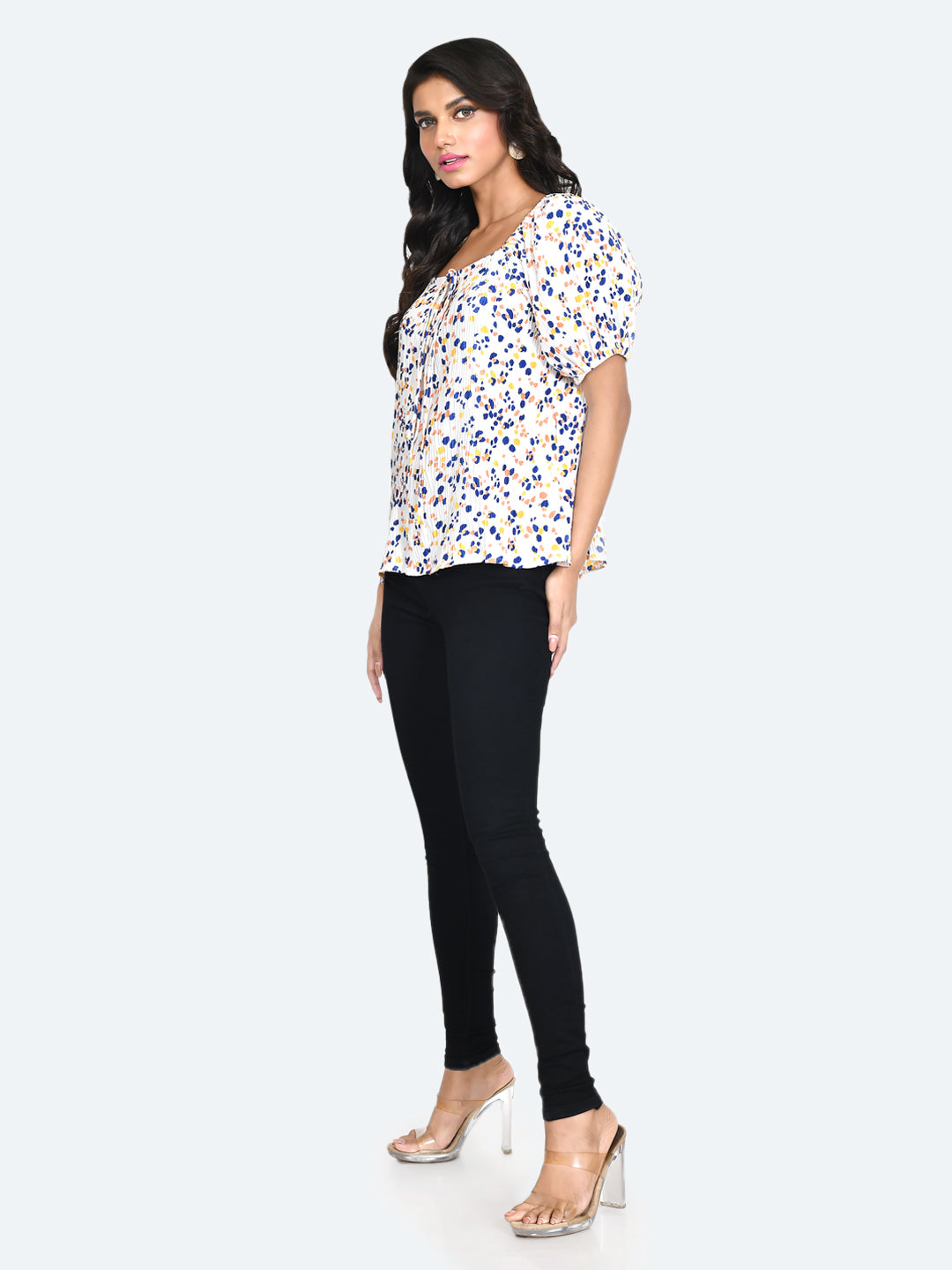 Off White Abstract Pleated Top