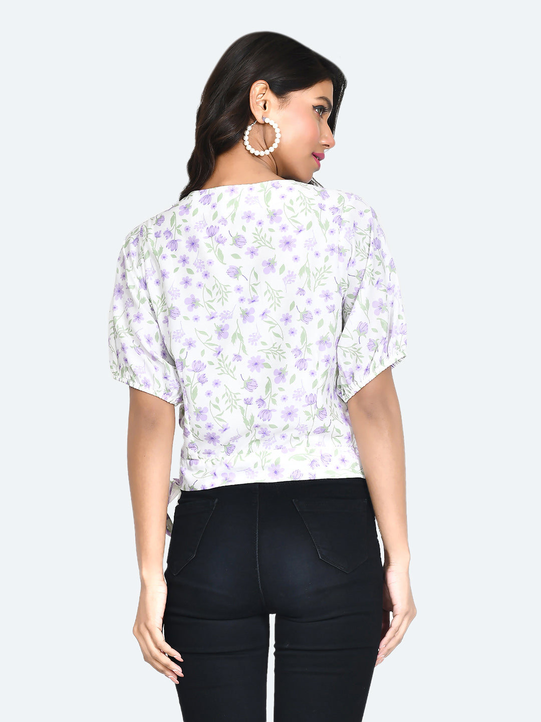 White Floral Print Tie-Up Top