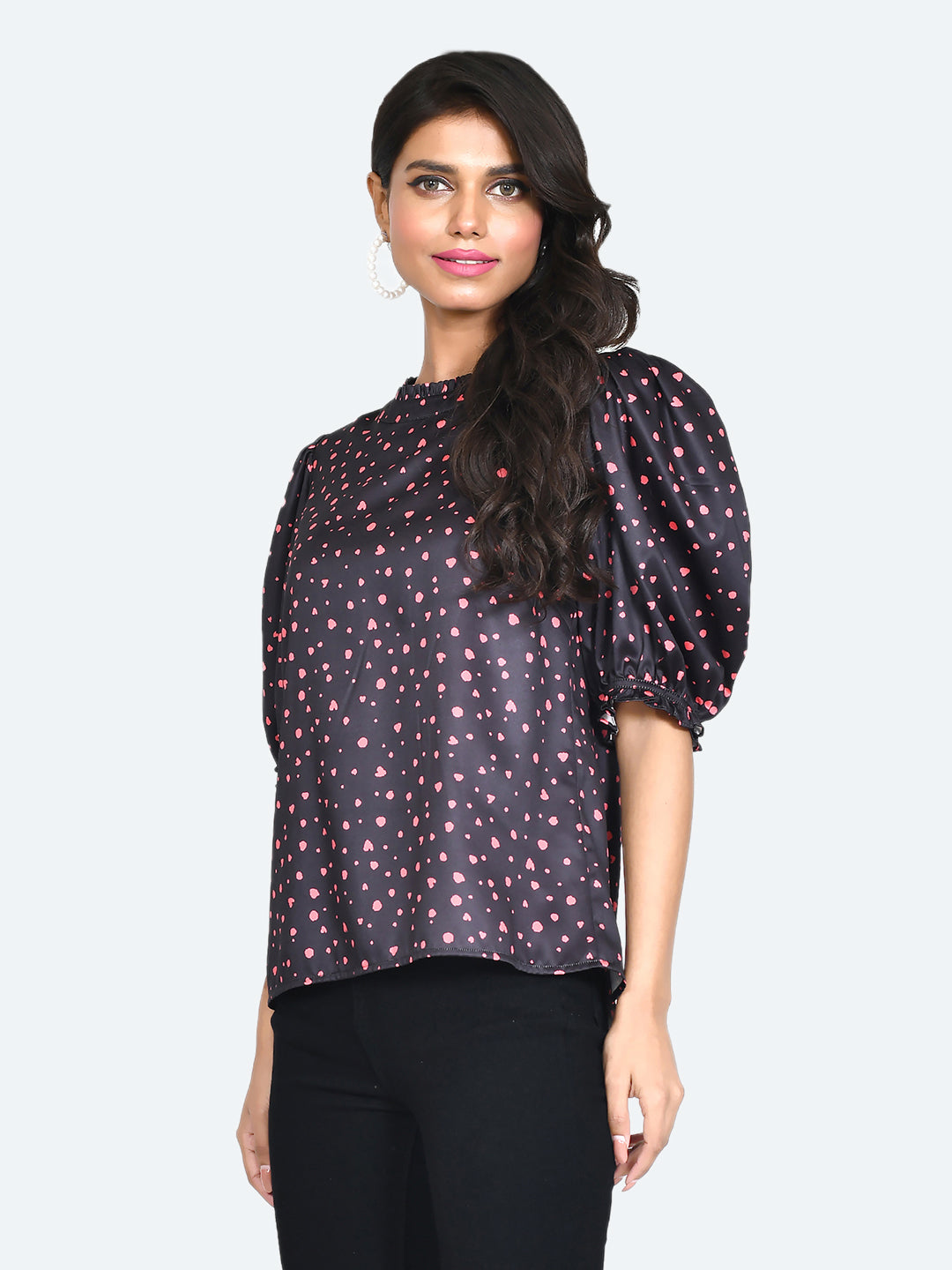 Black Printed Frill Top For Women