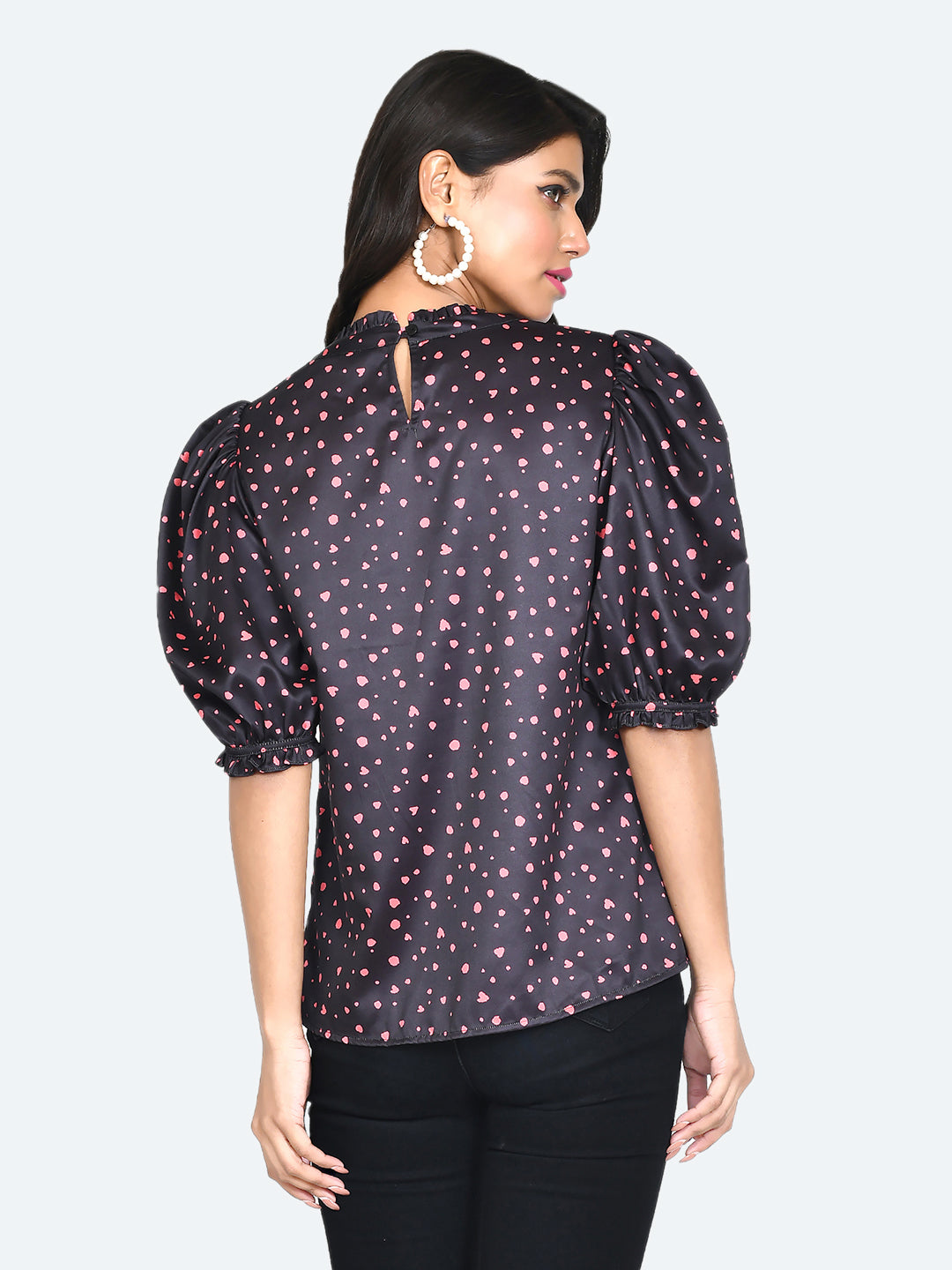 Black Printed Frill Top