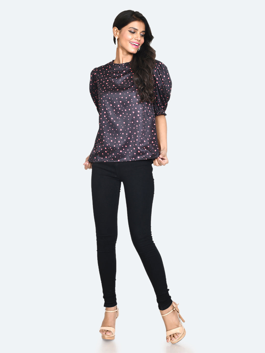 Black Printed Frill Top