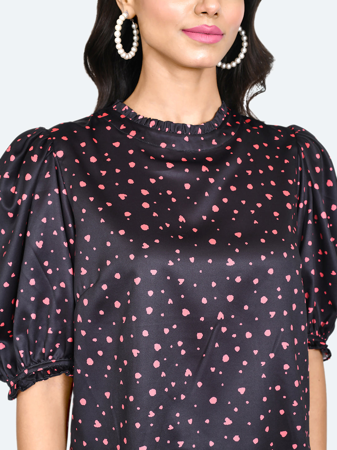 Black Printed Frill Top