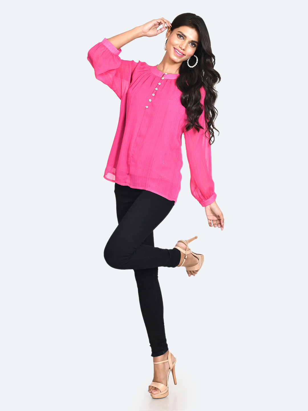 Pink Solid Buttoned Top