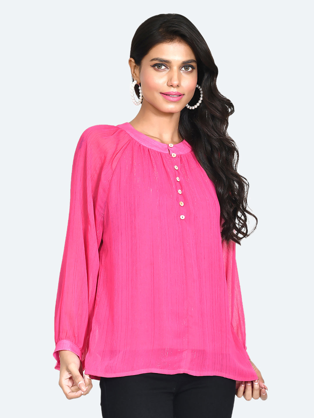Pink Solid Buttoned Top