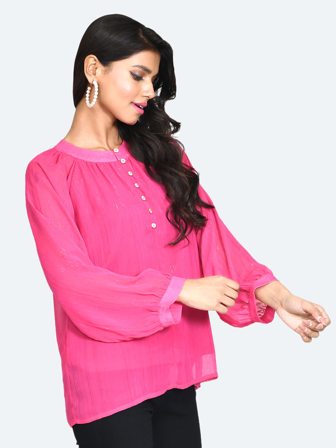Pink Solid Buttoned Top