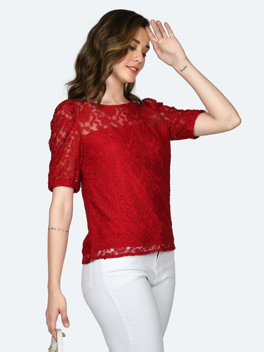 Red Lace Puff Sleeve Top