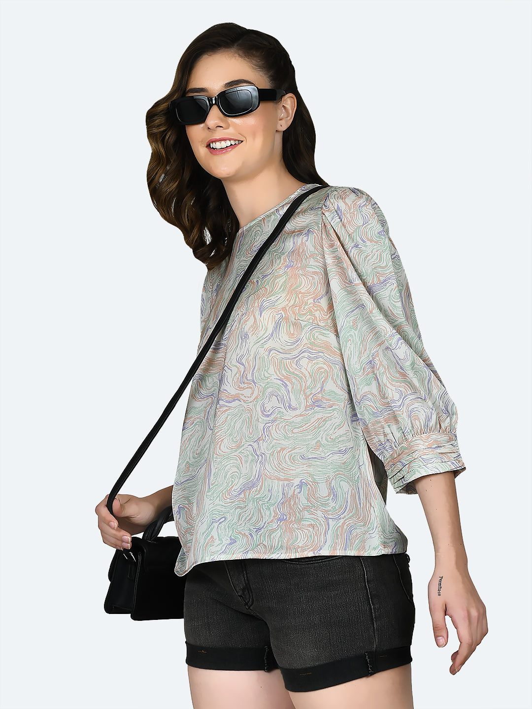 Off White Printed Ruched Top