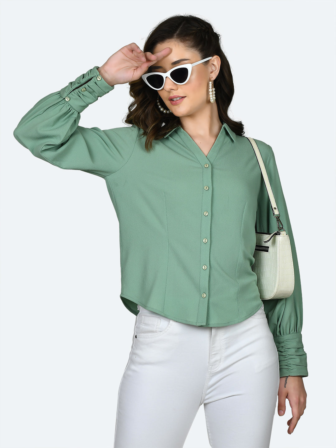 Green Solid Ruched Top