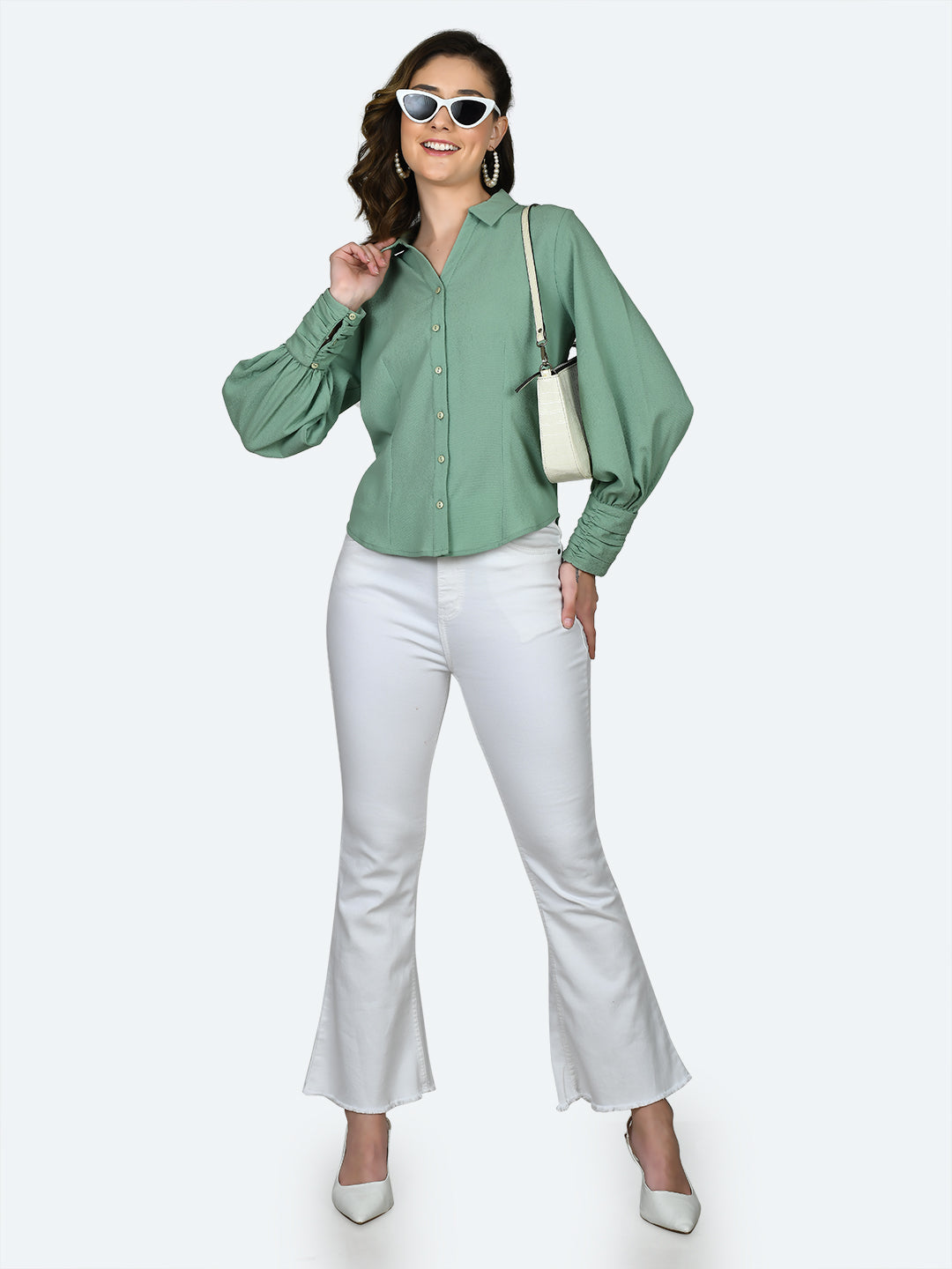 Green Solid Ruched Top