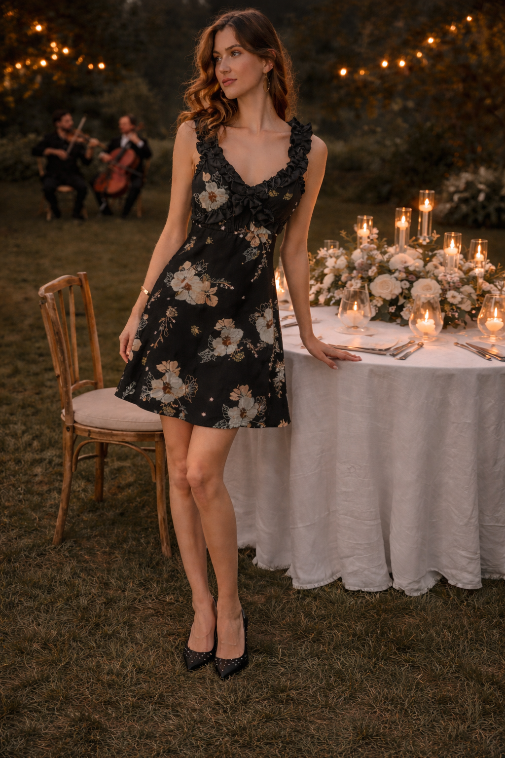 Printed Black Floral Fit & Flare Short Dress