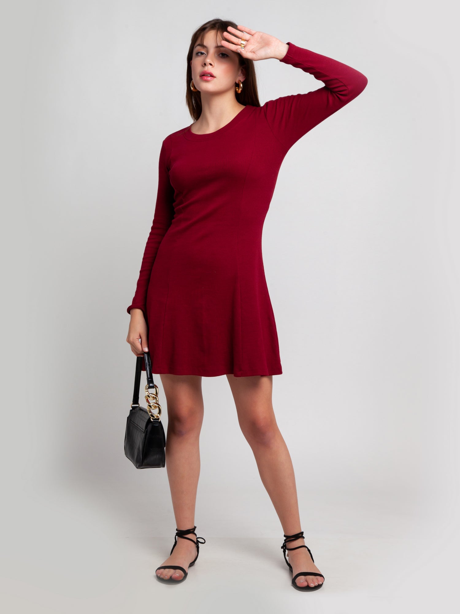 Maroon Solid Tie-Up Short Dress