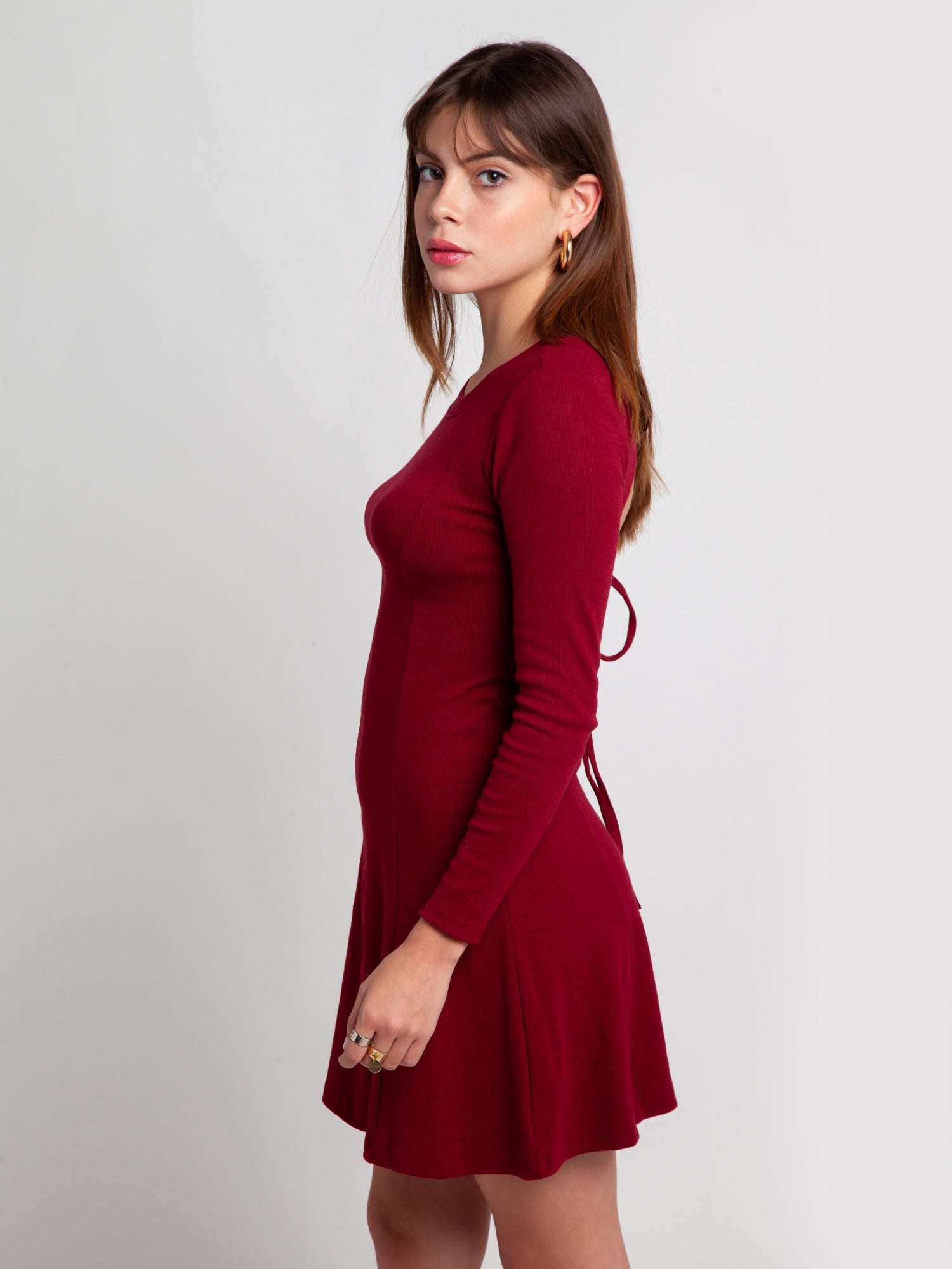 Maroon Solid Tie-Up Short Dress