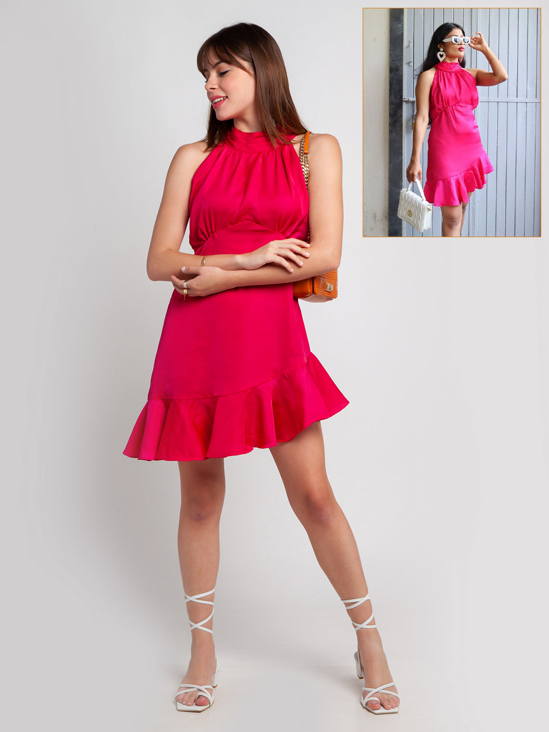 Pink Solid Ruffled Short Dress