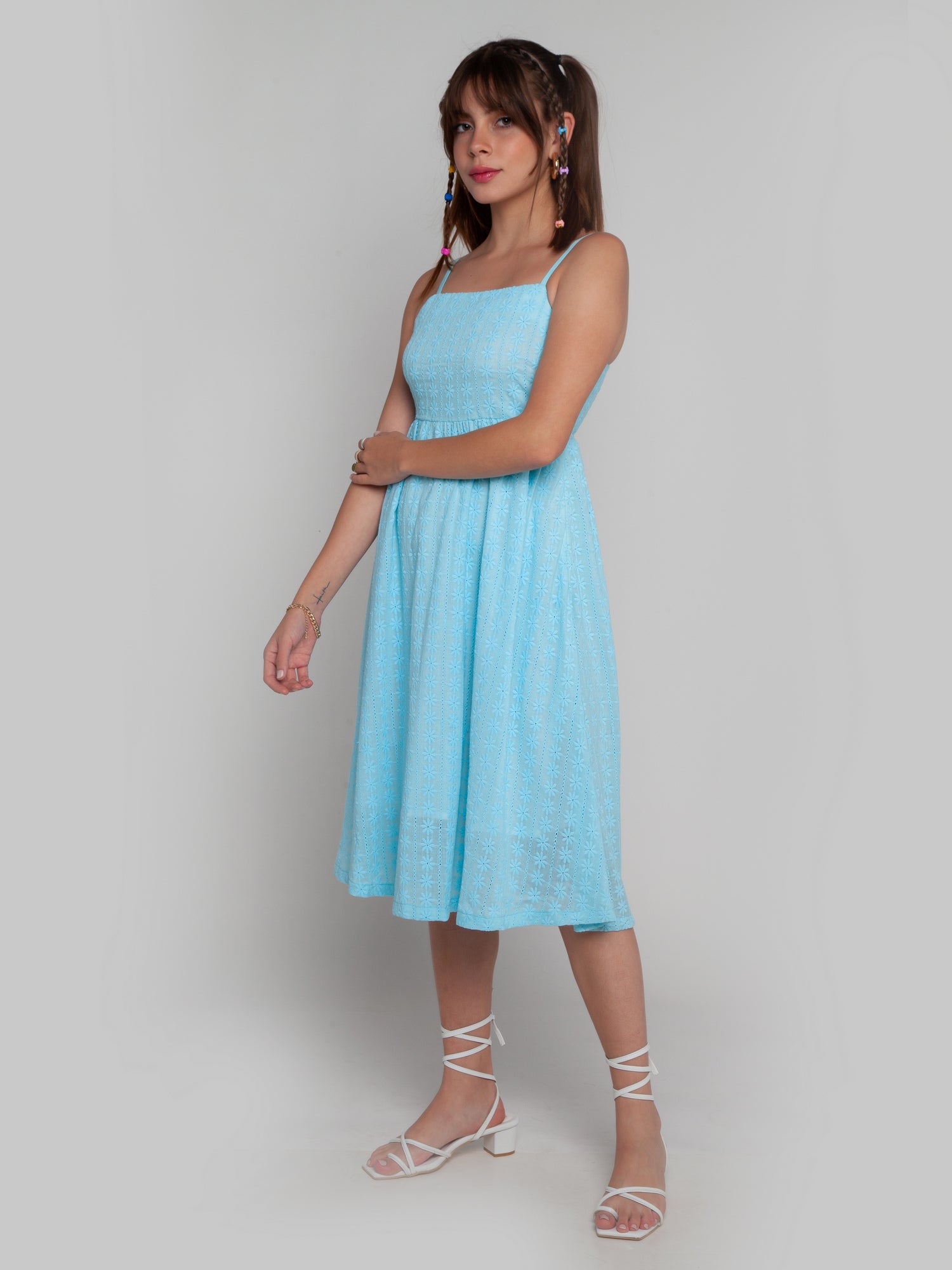 Blue Self Design Strappy Midi Dress