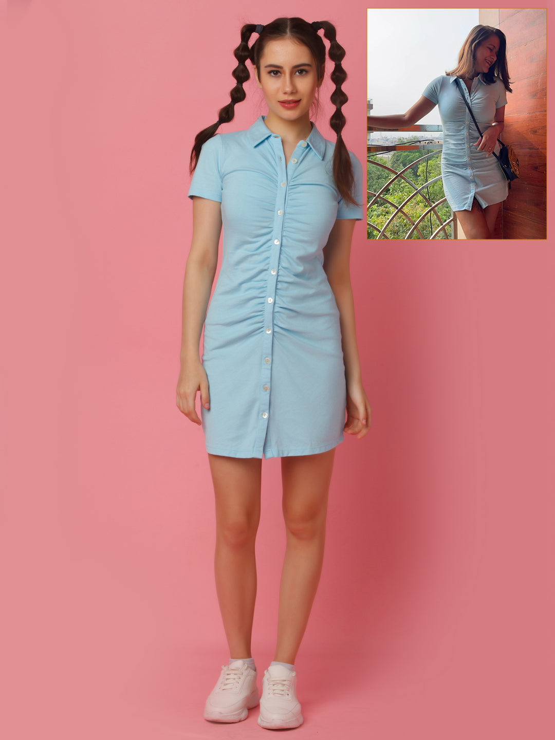 Blue Solid Fitted Shirt Style Short Dress