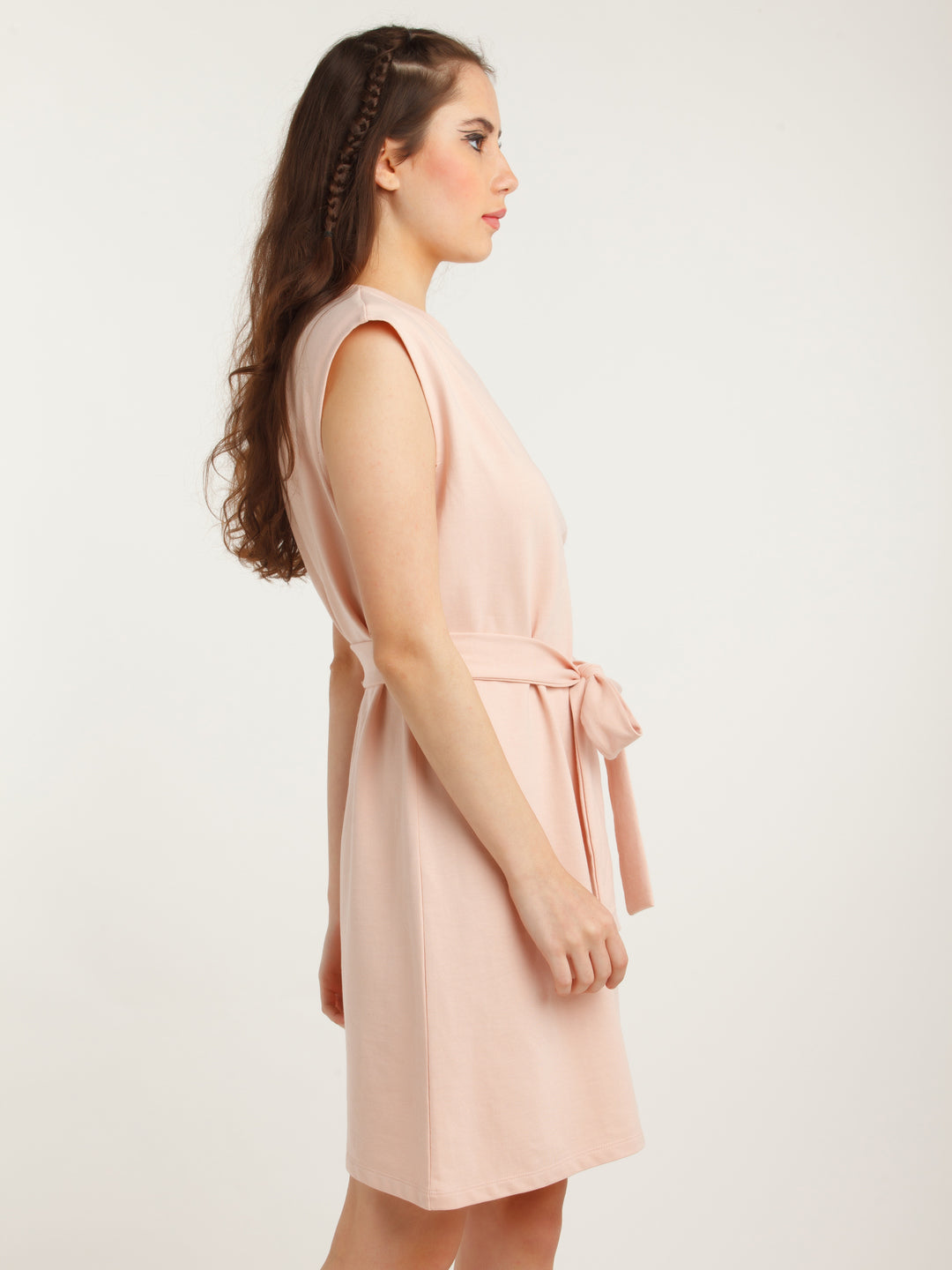 Peach Solid Tie-Up Short Dress