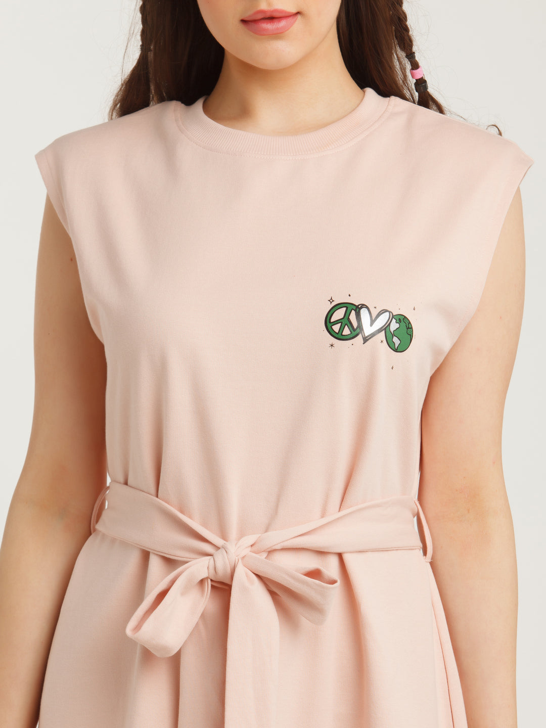 Peach Solid Tie-Up Short Dress