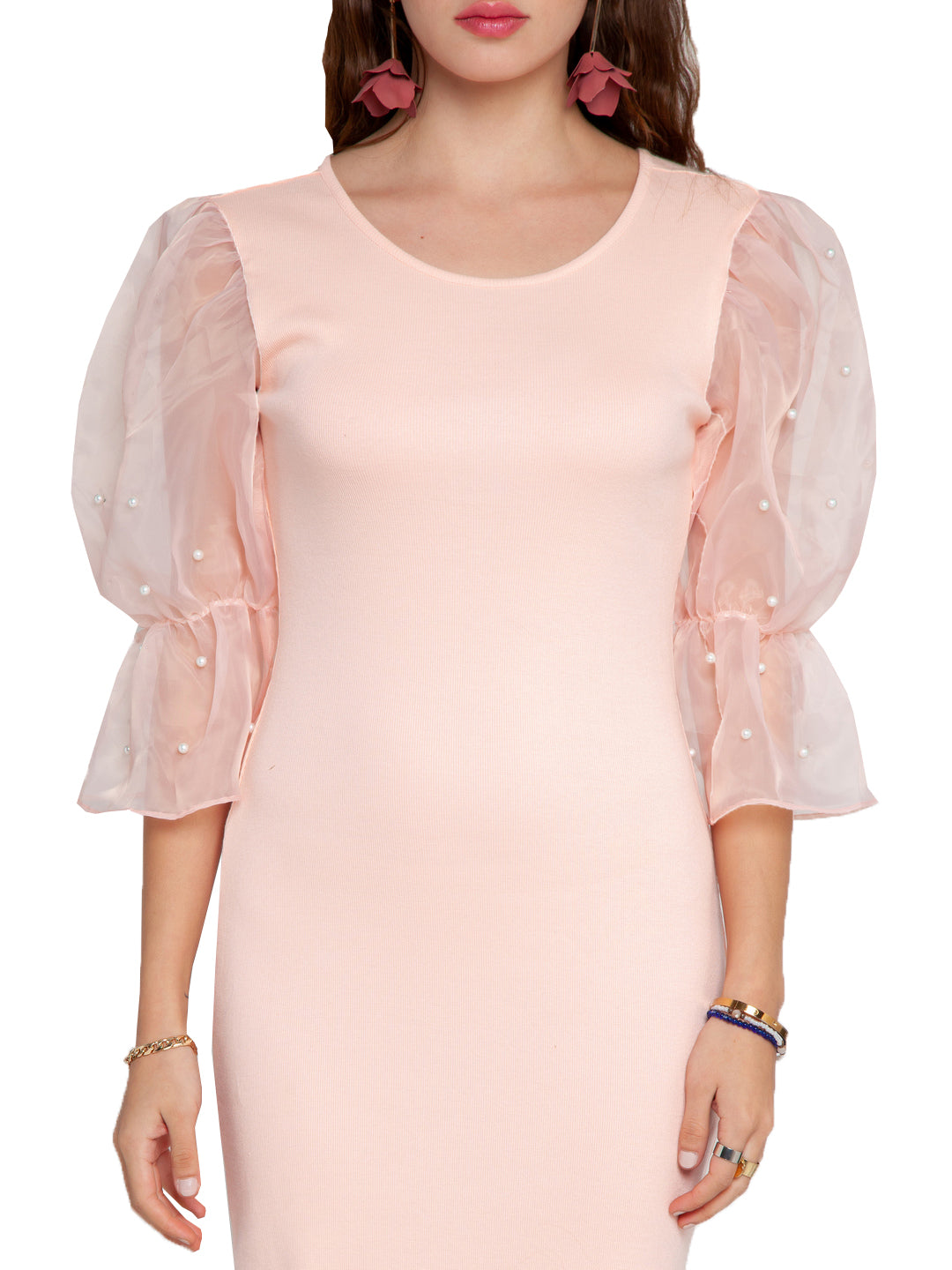 Pink Balloon Sleeve Bodycon Dress