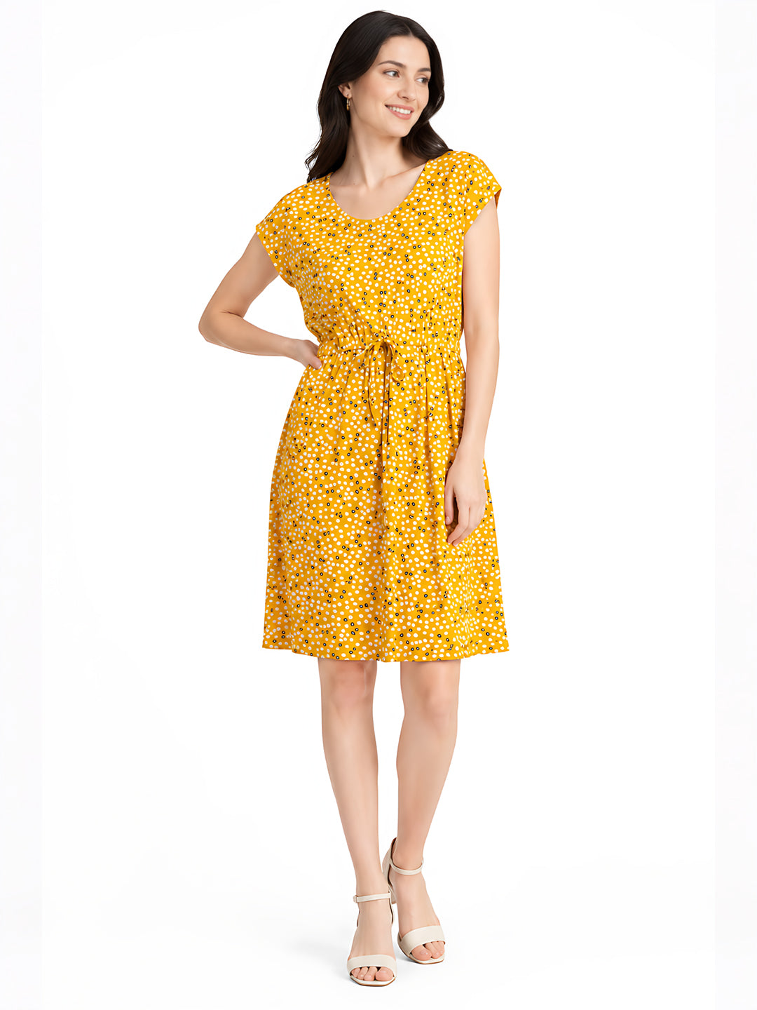 Yellow Solid Short Sleeves Short Dress