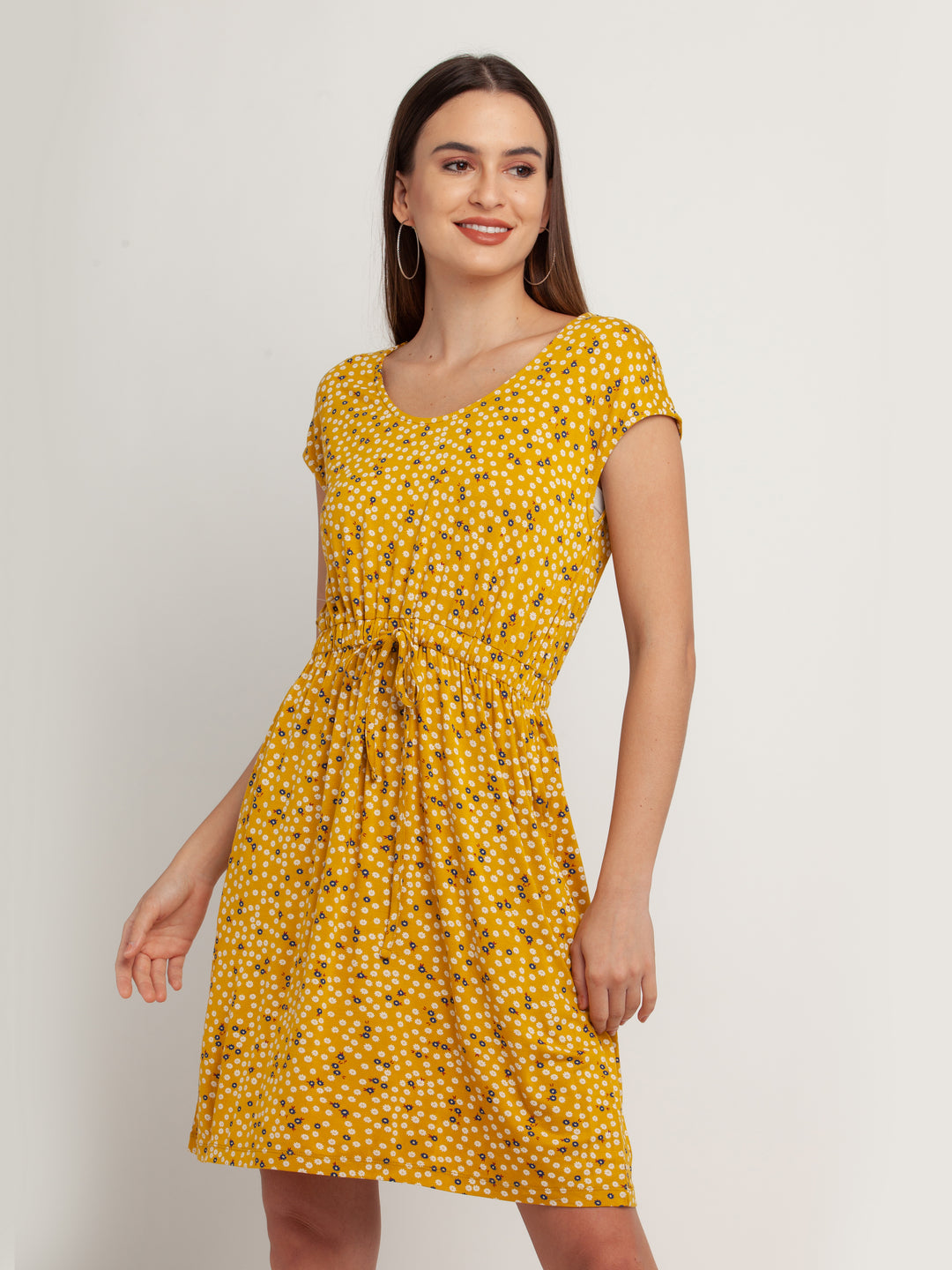 Yellow Solid Short Sleeves Short Dress