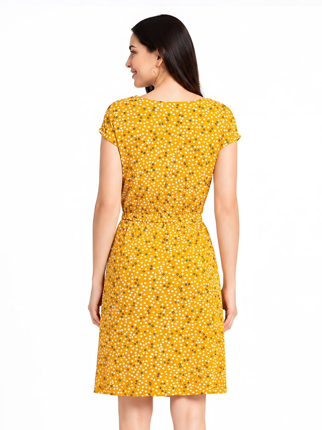 Yellow Solid Short Sleeves Short Dress