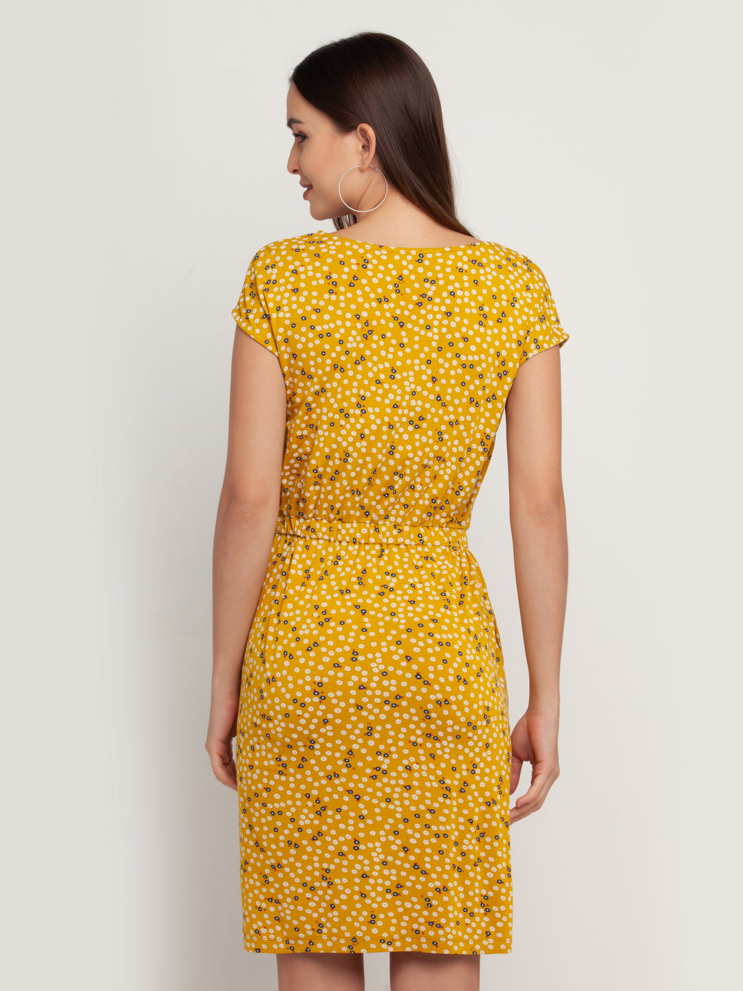 Yellow Solid Short Sleeves Short Dress