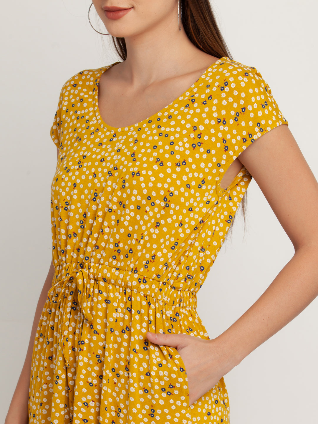 Yellow Solid Short Sleeves Short Dress