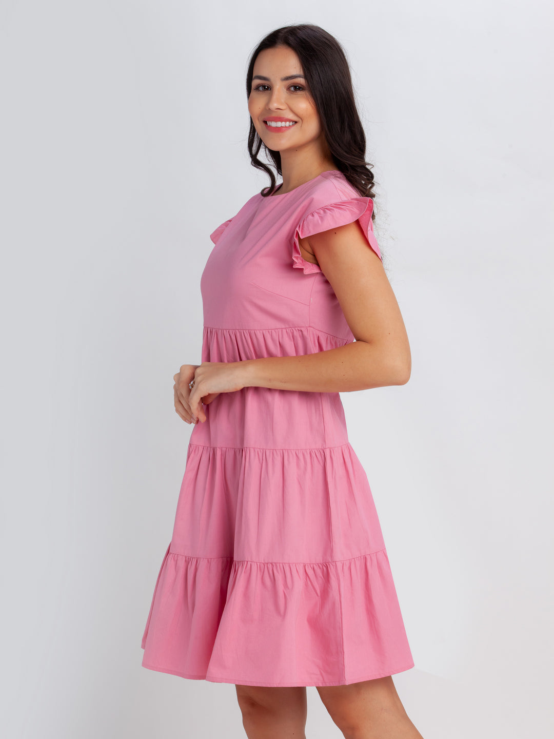 Pink Solid Tiered Short Dress
