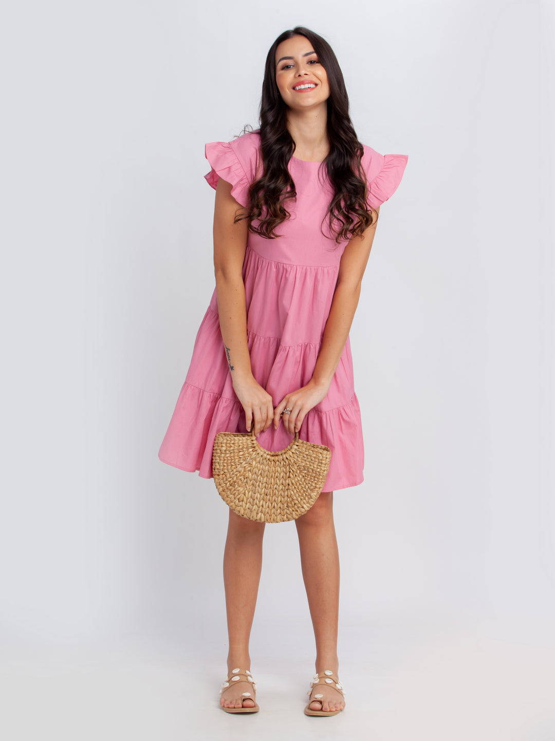 Pink Solid Tiered Short Dress