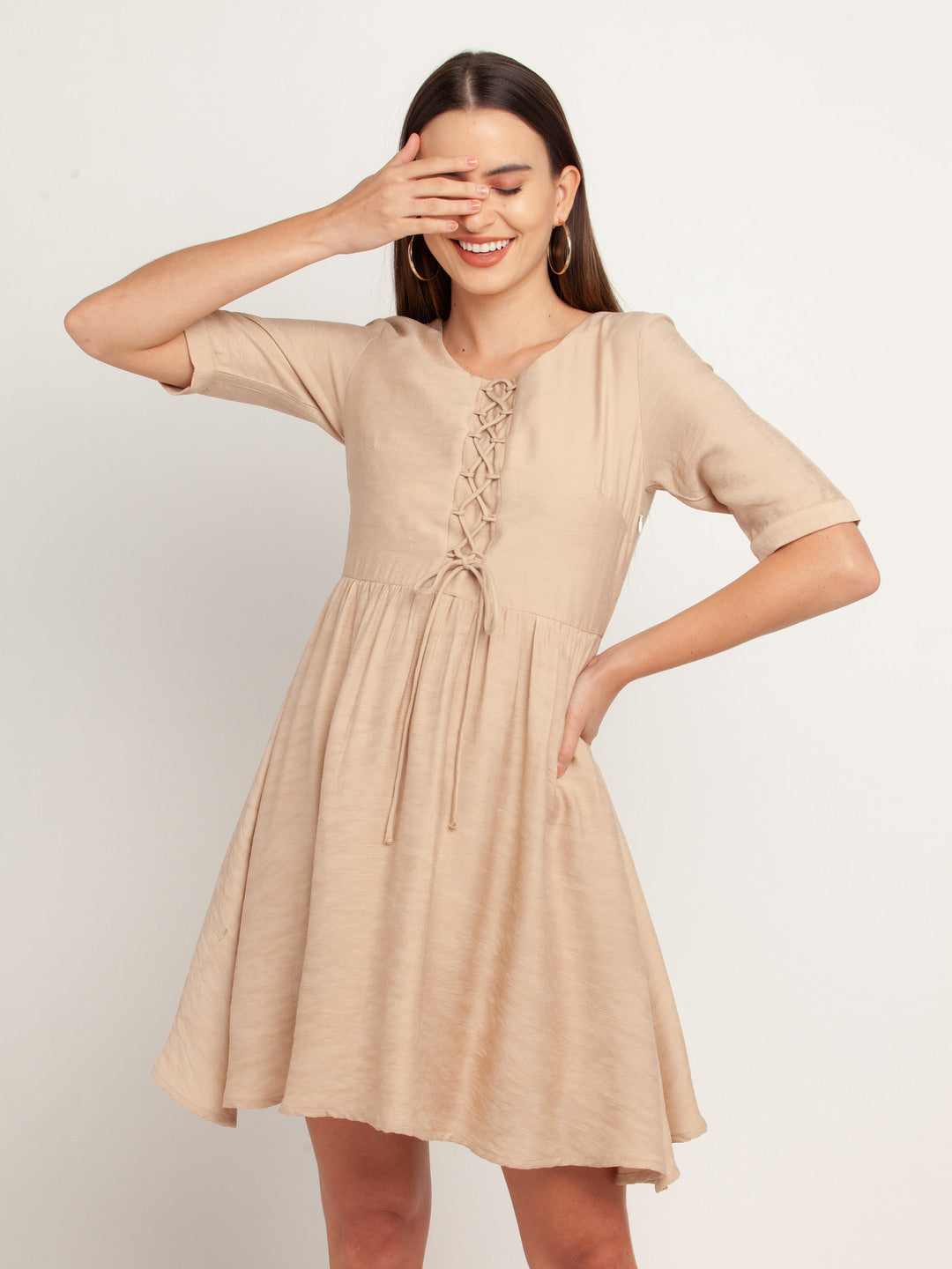 Beige Solid Tie-Up Short Dress