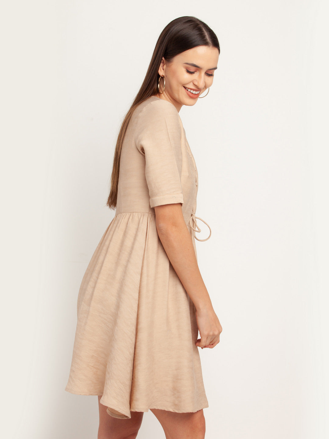 Beige Solid Tie-Up Short Dress