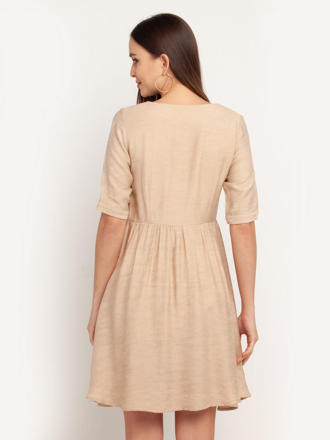 Beige Solid Tie-Up Short Dress