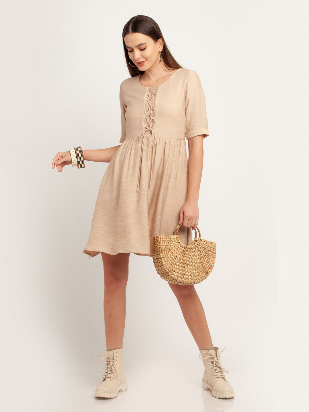 Beige Solid Tie-Up Short Dress