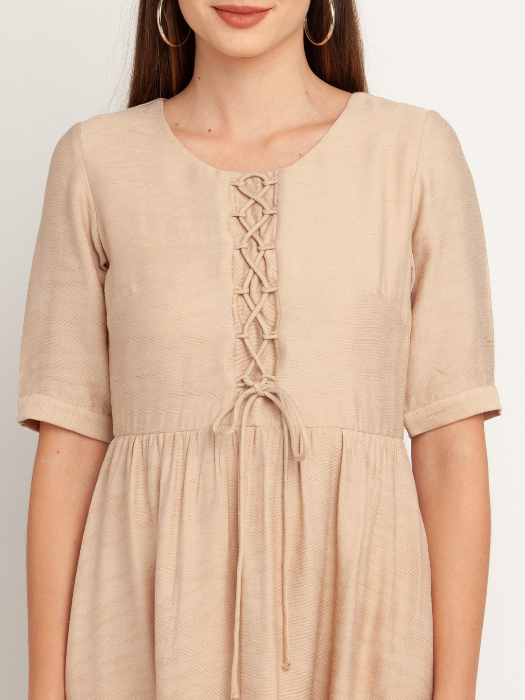 Beige Solid Tie-Up Short Dress