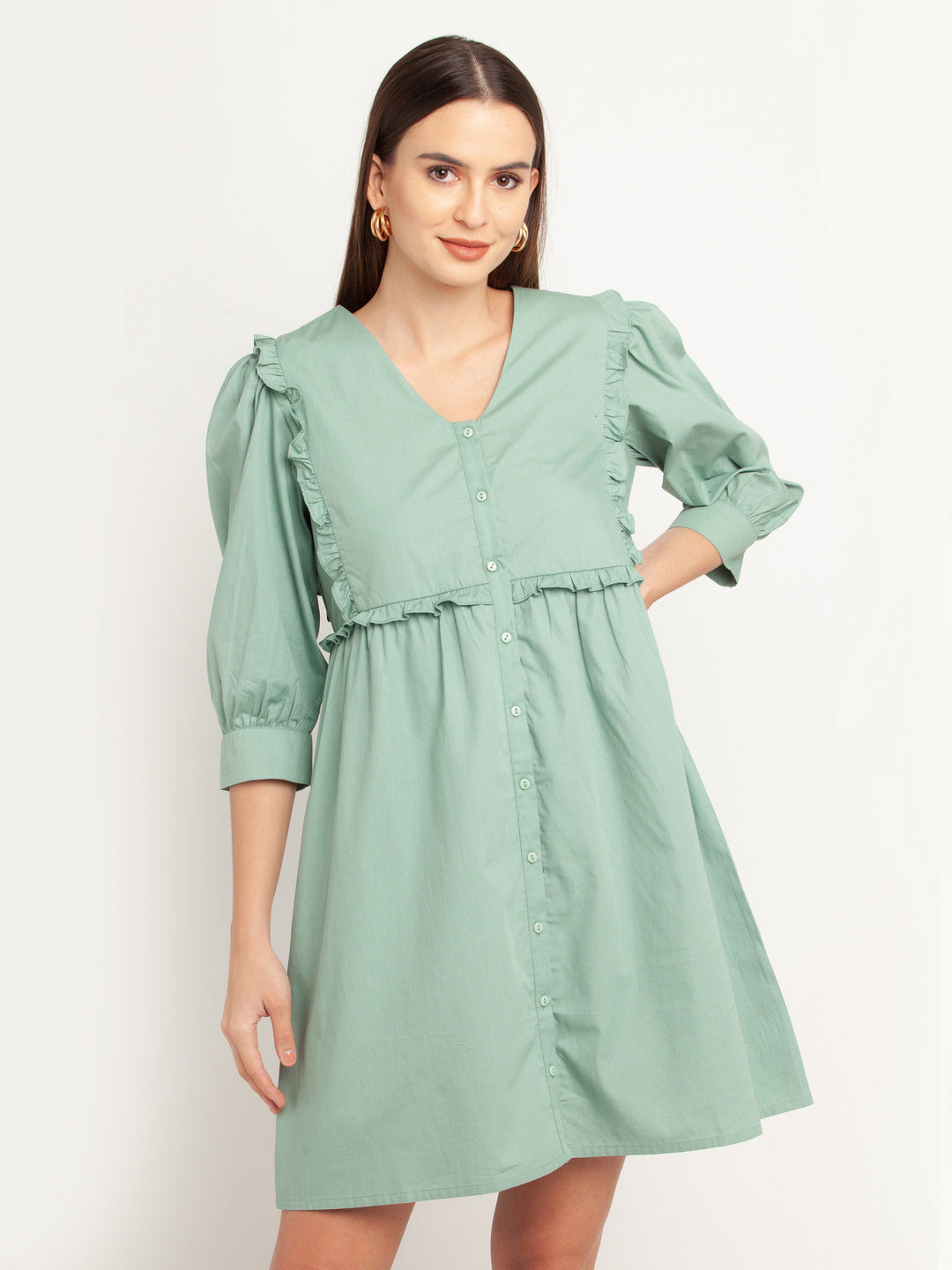 Green Solid Ruffled Short Dress